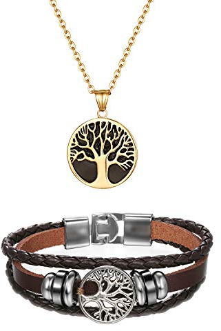 Cupimatch Halskette Lebensbaum Wikinger Armband Herren Schmuck Set Edelstahl Leder Kordelarmband Kette für Männer Jungen, Schwarz Braun
