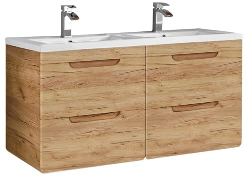 Lomadox Doppel-Waschtisch 121cm Wotan Eiche Nb. LUTON-56-CRAFT Keramikwaschbecken B/H/T ca. 121/63/46 cm