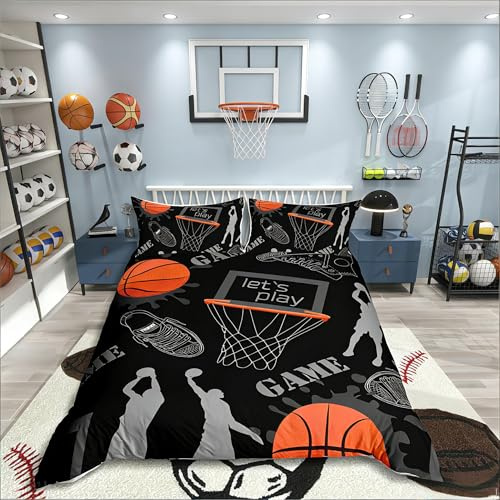 Homemissing Basketball Pattern Parure Housse de Couette Sports Parure de Lit 140x200cm 3D Ball Games Housse de Couette pour Enfants Garçons Filles Microfibre Cadeau pour Joueur de Basket Room Decor