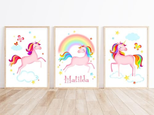 Rubybloom Designs Personalised Rainbow Star Unicorn Prints - UNFRAMED - Girls Name Childrens Gift Wall Art Decor Picture Present Gift