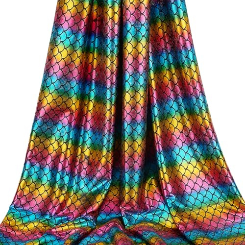 FINGERINSPIRE Meerjungfrau Stoff (100x150cm, Regenbogen Farben) Meerjungfrau Schuppen Stoffe Schillernde Hologramm Kein Stretch Fischschuppen Stoff Glitzerstoff für Kleidung nähen, DIY Handwerk