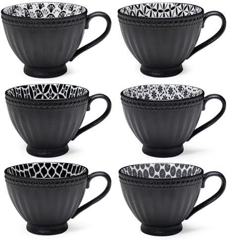 LEHAHA Juego de 6 tazas de café de cerámica, color negro, taza de té con patas de 14 onzas con asas grandes para café, té y cacao, uso doméstico y oficina, apto para lavavajillas y microondas