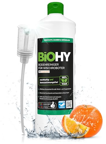 BiOHY Detergente per pavimenti per robot aspirapolvere con profumo di arancia (Bottiglia da 1l) + Distributore | Detergente concentrato per tutti i robot aspirapolvere | Senza schiuma e senza