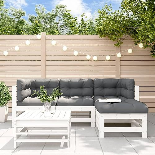 Homgoday 5-TLG. Garten-Lounge-Set mit Kissen Weiß Massivholz Gartensofa Gartenmöbel Set Loungesofa Holzsofa Loungegruppe Balkonmöbel Sofagarnitur Sitzgruppe für Garten Terrasse Balkon#1