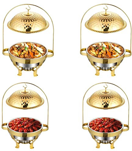 Gold Stainless Steel Chafing Dish With Hook Up, Catering Buffet Warming Container Set Includes Food Pan, Water Pan, Fuel Holder, For Party Wedding Restaurant (4Pack)