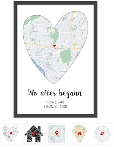 OWLBOOK® Personalisierte Geschenke für Paare | Wo alles begann Bild mit Landkarte & Koordinaten | Partner Geschenke zum Geburtstag Jahrestag Valentinstag Weihnachten | Bild A4/A3 zzgl. Rahmen