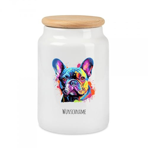 Tierisch-tolle Geschenke Große Multicolor Leckerlidose | mit Hundemotiv (über 90 Rassen verfügbar) und deinem Wunschnamen | Personalisiert | Hygienische Futter Aufbewahrung | (Französische Bulldogge)