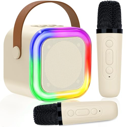 Karaoke Maschine für Kinder Erwachsene, Bluetooth Karaoke Lautsprecher mit 2 Kabellosen Mikrofon, Mini Karaoke Maschine mit LED-Lichtern, Geschenke Spielzeug für Mädchen und Jungen
