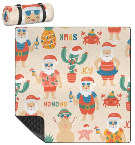 Mularoka Coperta da picnic con Babbo Natale, pupazzo di neve, cactus, impermeabile, a prova di sabbia, pieghevole, da spiaggia, 200,7 x 200,7 cm, extra large, portatile, lavabile, per campeggio,