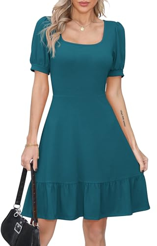 Missufe Robe d'été pour femme - Robe patineuse à volants - Manches bouffantes - Manches courtes - Swing - Robe de loisirs