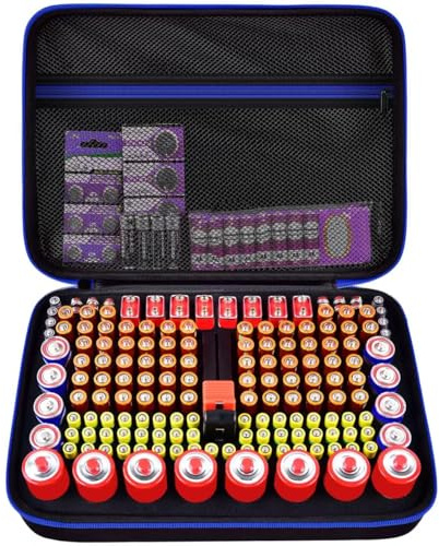 Akkus Organizer mit Batterie-Tester – Batteriekasten für 162+ Batterien (AA/AAA/C/D/9V/3 V Lithium LR44 CR2 CR123 CR1632 CR2032 18650 Knopfzellen) – Batterien nicht im Lieferumfang – Blau