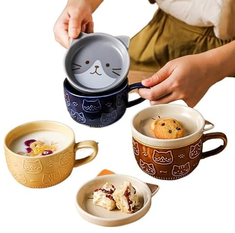 Tazzine Caffe Tazza da caffè gatto con coperchio modello gatto piattino carino tazza da colazione tazza da caffè creativa tazza da latte regalo for ragazza Tazzine Caffe Particolari(Yellow)