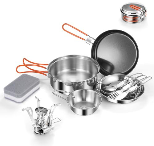 Odoland Juego de 10 Utensilios de Cocina de Camping con Estufa de Camping Plegable, Juego de Cocina Antiadherente de cerámica con Plato, Cuenco, Tenedor, Cuchillo, Cuchara para Camping, mochilero
