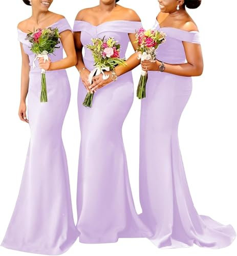 KURFACE Robe de bal sirène à épaules dénudées pour femme, robe de demoiselle d'honneur sexy en satin, robe longue formelle, lilas, 38