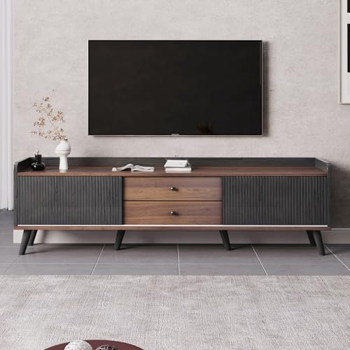 BNUZ TV-Schrank,mit Zwei Schubladen, H58/L160/T40 cm.Fernsehtisch TV Board, TV- Lowboard niedrige Platte mit Zwei Schiebetüren. Exquisite Textur. Weiß und natürliches Holzfarbe. (Schwarz und Holz)