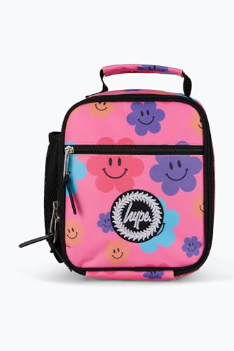 hype Unisex Lunch Bag, Pink Happy Flowers | Unisex kids meal carrier with thermal lining, 3 storage sections, bottle holder, grab handle and easy-clean fabric