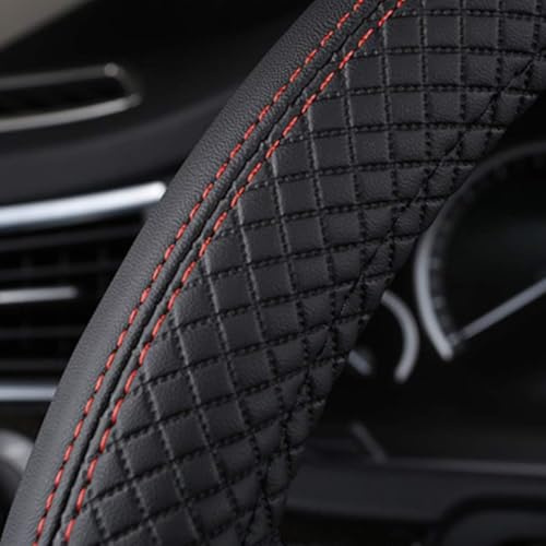 ZHjuju Coprivolante in Pelle, Coprivolante Auto Heavy Duty Universale 38 cm / 15'', Antiscivolo, Resistente al Calore e all'Usura, Design Sportivo, Facile da Installare - Nero