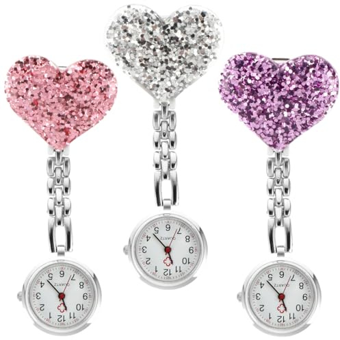 Veemoon Lot De 3 Montres Infirmière À Accrocher Quartz avec Clip Montre Pendante en Forme De Cœur pour Soignants Et Étudiants Accessoire Léger Et Pratique pour Milieu Médical