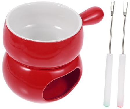 TIDTALEO 1 Ensemble Fondue Céramique avec Poignée Réchaud à Chocolat et Fromage Pot de Chauffage Pratique Rouge avec Fourchettes pour Déguster et