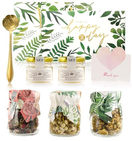 Tee Weihnachten Geschenk - Jasmin + Rose + Chrysanthemen + 2 Dosen Honig + Karte, Tee Probierset Weihnachten, Tee Geschenkset Frauen, Teeblumen GeschenksetWeihnachten, Honig ProbiersetWeihnachten