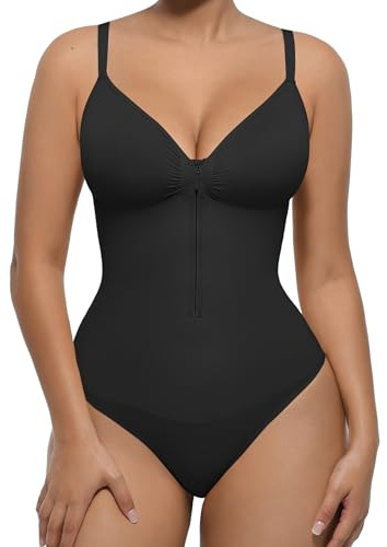 FeelinGirl Women's Shapewear Bodysuit Seamless Body Shaper | Zip-Up V Neck Bust Support Pull-up Thong Snap Adjustable Straps Comfortable Compression Tummy Control