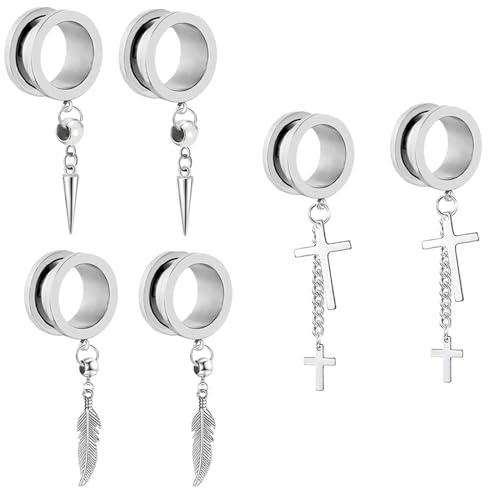 Skcess 6Pcs Ohr Tunnel mit Anhänger, Edelstahl Flesh Tunnel Set 6-16 MM Anhänger Feder Kreuzen mit Schraubverschluss Expander Ohr Plugs Piercing Ohrringe