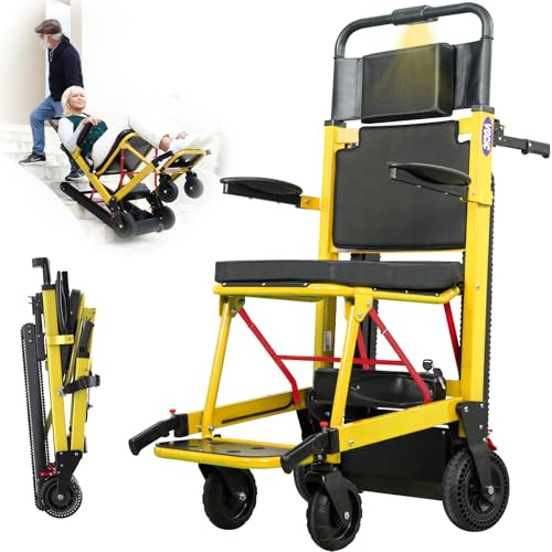 VOCIC Elektrisch Treppensteiger Rollstuhl Faltbar 220KG mit Gummikette AY04 | Elektrische Treppenhilfe Rollstühle für Senioren, Treppenlift Medizinische Rettungstrage mit LED Licht (Gelb)