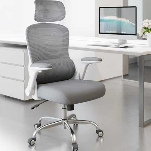TRALT Bürostuhl Ergonomisch - Bürostuhl - Gaming Stuhl mit Verstellbare Kopfstütze Lordosenstütze Home Office Desk Chair - Schreibtischstuhl Computerstuhl für Große Menschen Mesh-Stuhl 150kg Grau