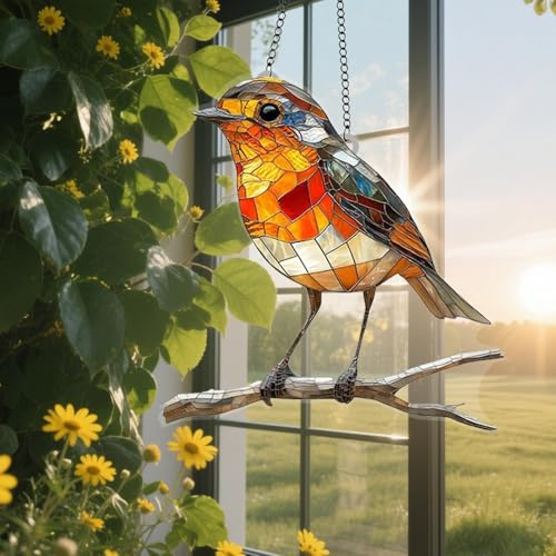 Robin Sun Catchers for Window | 8 Inch Bird Suncatcher for Garden | Stained Glass Robins on Branch Sun Catcher Hanging Ornaments | Acrylic Robin Birds Gift Suncatcher Pendant for Home Decor