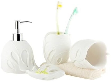 Bathroom Sets Juego de Accesorios baño con Forma Hoja, Arenisca, 4 Piezas. Incluye dispensador jabón y Bandeja for la bañera Coastal Decor(White)