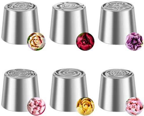 Ryskt spritstyllset i 6 delar, rostfritt stål blomglasyrmunstycken, spritstyllar, bukett för tårtdekoration, cupcakes, kex, bakverk, kex, desserter, bakverktyg, 5,5 × 4,4 cm