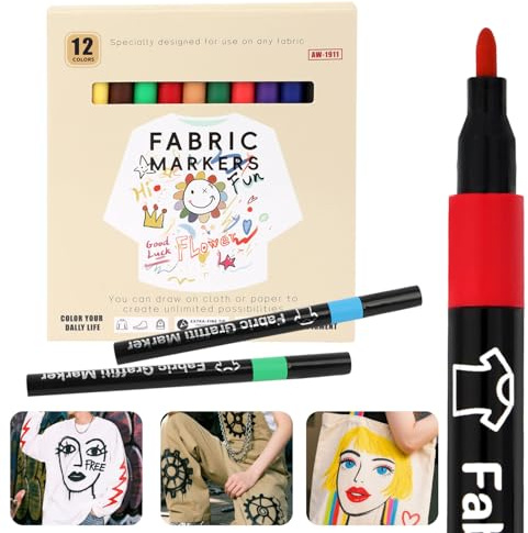 MOTIBACK Textilstifte Set, 12 24 30 Stück Waschmaschinenfeste Stoffmalstifte, Permanente Textilfarbe & Textilmarker für T-Shirts, Stofftaschen und Textilien, Für Erwachsene (Mehrfarbig 12pcs)