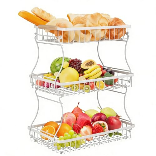 VINATO Frutero de 3 Niveles de Metal – Organizador Moderno con Asas de Madera, para Cocina, Baño & Más – Ideal para Frutas, Verduras & Almacenamiento