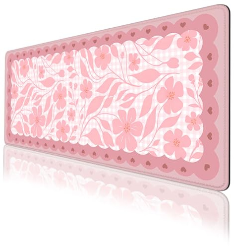 Pink Floral Gaming Mouse Pad 800x300mm Cottage Gingham Heart Gaming Desk Mat with Stitched Edges,Non-Slip Waterproof Rubber Base Mouse Mat Mouse Pads for Desk Home Office Gaming