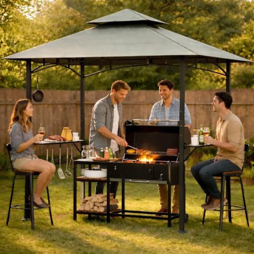 Soontrans Grillpavillon mit 2 Seitenablagen & 5 Haken, Überdachter Grillplatz für Garten, Flammschutz Doppelsrauchabzug, 244 x 151 x 260 cm, Pavillon BBQ Pavillon UV-Schutz, aus Stahlgestell