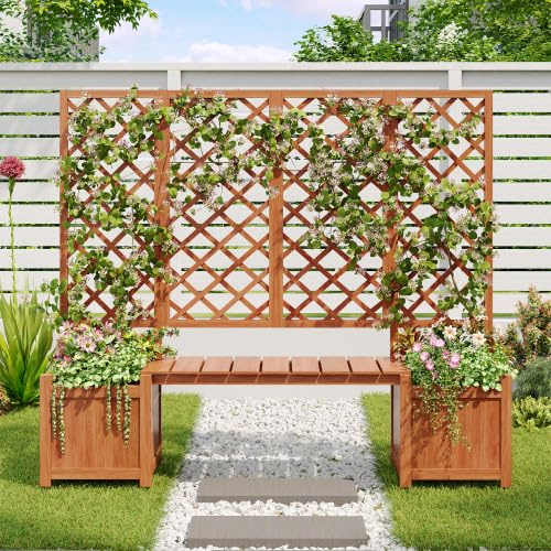 Merax Pflanzkübel mit Spalier und Sitzbank – Blumenkasten mit Rankhilfe für Kletterpflanzen, Sichtschutz für Garten, Terrasse und Balkon, Dunkelbraun Massivholz Tanne, Viel Platz für Pflanzen