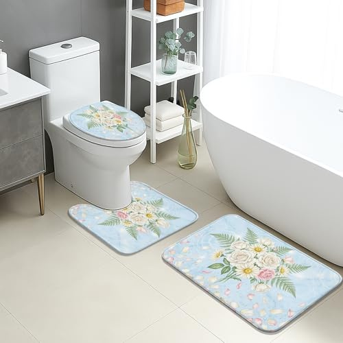 Badematte mit Blumenmuster, schnell trocknend, Vintage-Rose, Chrysantheme, Farnen, saugfähig, rutschfest, Frühlingsdekor, Flanell, waschbar, Badteppiche für Badezimmer, WC, WC, 3-teiliges Set