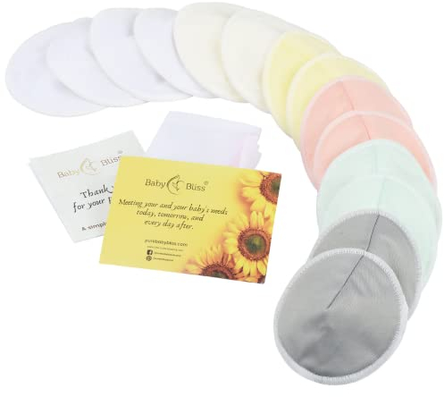 Bio Stilleinlagen - 14 waschbare Viskose aus Bambus Stilleinlagen, Wiederverwendbare Stilleinlagen zum Stillen, Brustwarzenpolster mit Waschbeutel (3-lagig, Pastel Touch, 9,9 cm)