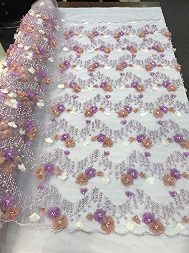 Lilac 3D Flowers Embroider with A Chevron Pearl Design ON A MESH-Sold by Yard.