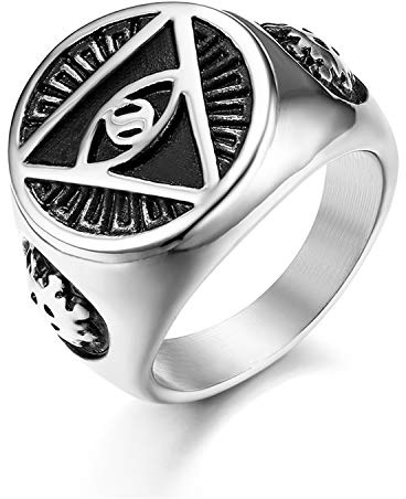 JewelryWe Mens Signet Ring,Silver Tone Illuminati The All-Seeing-Eye Pyramid/Eye Symbol Stainless Steel Rings Band(Size X1/2)
