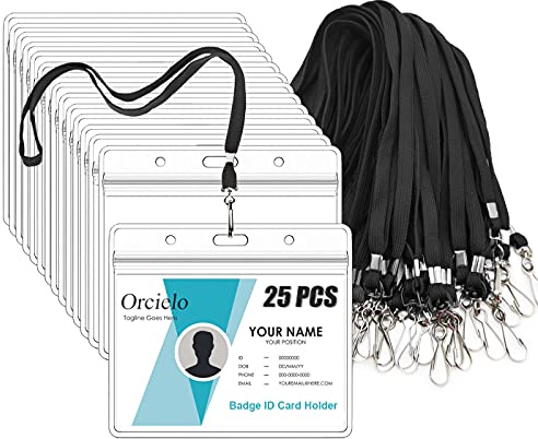 25Pcs Clear Plastic Horizontal Name Tags Badge ID Card Holders and 25Pcs Flat Neck Lanyards, Black