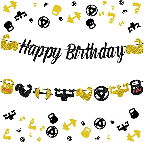 Cartel de cumpleaños para gimnasio, pancarta de cumpleaños con purpurina negra y dorada para hombres, decoración de cumpleaños temática de fitness, suministros de fiesta de levantamiento de pesas