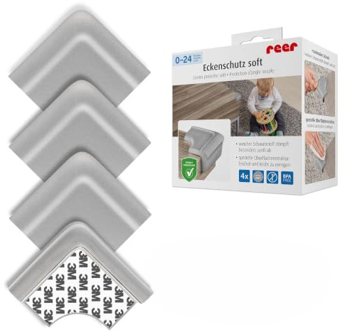 reer Eckenschutz Soft, Tischkantenschutz selbstklebend, 4 Stück, Baby, Grau | Dicker Schaumstoff mit vormontiertem 3M-Band, bissfest, speichelecht sowie auf BPA und Phthalate geprüft, für Möbelecken