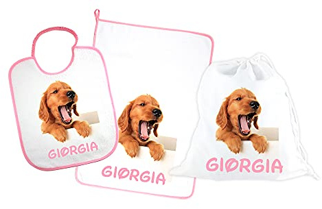 ALMATEX SRL SET ASILO PERSONALIZZATO CON NOME composto da 3 pezzi: bavaglino spugna con elastico cm.27x30, asciugamano cm.40x55 e sacca PERSONALIZZATI Made in Italy - CONSEGNA TEMPESTIVA (CANE ROSA)