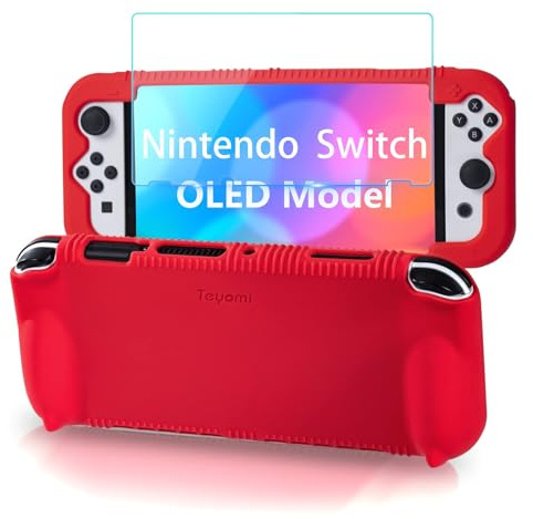 Teyomi Silicone Coque Compatible avec Nintendo Switch OLED modèle 2021, Étui de protection Switch OLED, Housse de Protection avec Film verre trempé, 2 emplacements pour cartes de jeu (Rouge)