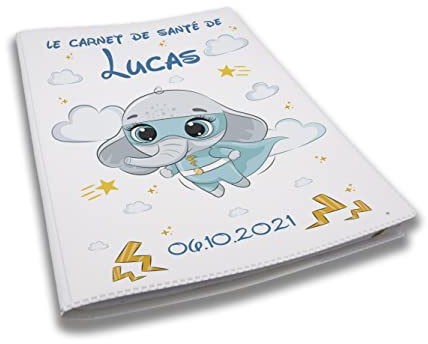 Protège carnet de santé personnalisé, idée cadeau personnalisable bébé, cadeau naissance original, Housse carnet de santé Éléphant Super Héros - CL0007c (Blanc)