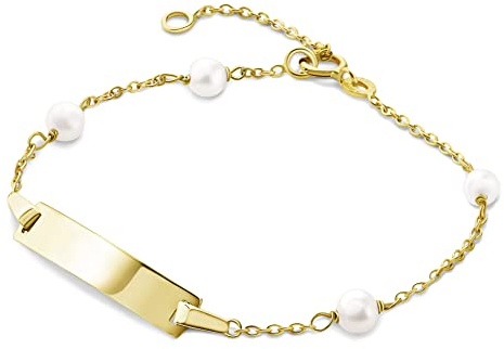Miore Bijoux pour Enfants Gourmette Identité avec Plaque à Graver et 4 Perles d'eau douce blanches Bracelet avec Chaîne en Or Jaune 9 carats / 375 Or, longueur réglable de 12 à 14 cm