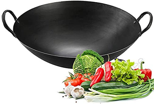 ZXFDMSWJ Wok de Hierro Fundido para freír y saltear, sartén Wok Grande Antiadherente, sin Revestimiento, Wok Tradicional Chino Martillado a Mano, freidora de Cocina, Calidad de Chef de Restaurante, 5