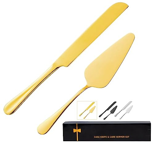 ERVILO Cake Cutting Set for Wedding, Pie Server, Stainless steel Wedding Cake Knife and Server set, Golden Cake Cutter for Birthday, Parties and Events (Gold Serving Set)