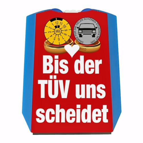 speecheese Bis der TÜV Uns scheidet Autoliebhaber Parkscheibe in rot Eiskratzer Wasserabstreifer und Einkaufswagen-Chips Oldtimer parken Autofahrer Parkplatz Liebe TÜV-Plakette